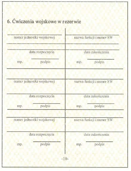 Wzór nr 13(2) do 18, 20 strona 10 Ksi eczka wojskowa składa si z dwudziestu stron wraz z okładk o wymiarach 65 mm x 95 mm. Zewn trzna strona okładki oklejona płótnem koloru zielonego.