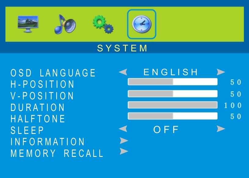 2 sekundy. 2. Akcesoria -Instrukcja obsługi -Kabel zasilający -Pilot zdalnego sterowania -Uchwyt do montażu naściennego 1.OSD LANGUAGE Wybór języka menu 2.