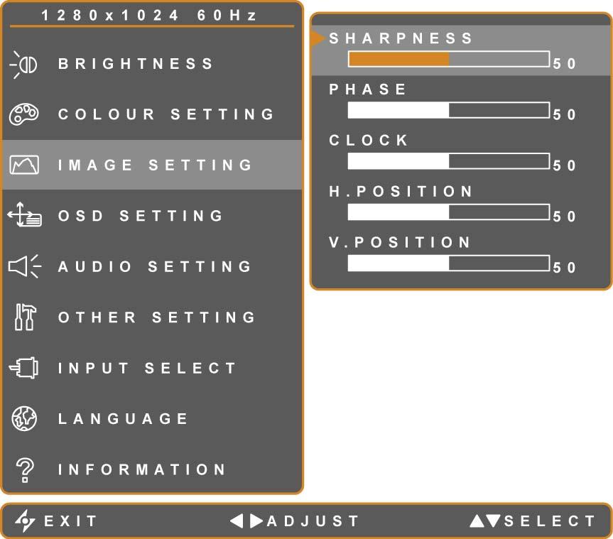 REGULACJA MONITORA LCD 4.3 Ustawienia obrazu Uwaga: Menu IMAGE SETTING (USTAWIENIA OBRAZU) jest dostępne wyłącznie dla wejścia VGA.