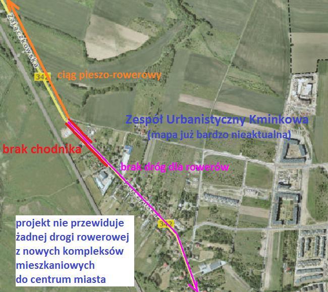 Ponadto żaden z wymienionych projektów (ani obecnie realizowany, ani opracowywany) nie zakłada budowy brakującego chodnika na odcinku od ul. Kminkowej do ul.