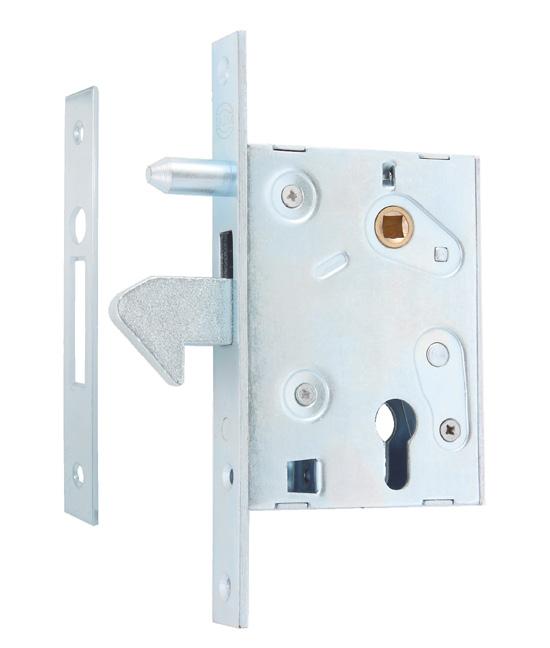 ZAMEK wpuszczany hakowy z bolcem dzięki specjalnej konstrukcji może być zastosowany do ciężkich drzwi metalowych
