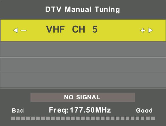 Ręczne wyszukiwanie DVB-T Za pomocą przycisków góra/dół wybierz Ręczne wyszukiwanie DVB-T. Następnie naciśnij ENTER aby wejść w menu.