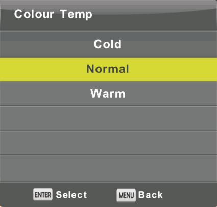 Temperatura koloru Zmień ogólny ogólny odcień kolorów. Za pomocą przycisków góra/dół wybierz Temperatura koloru.