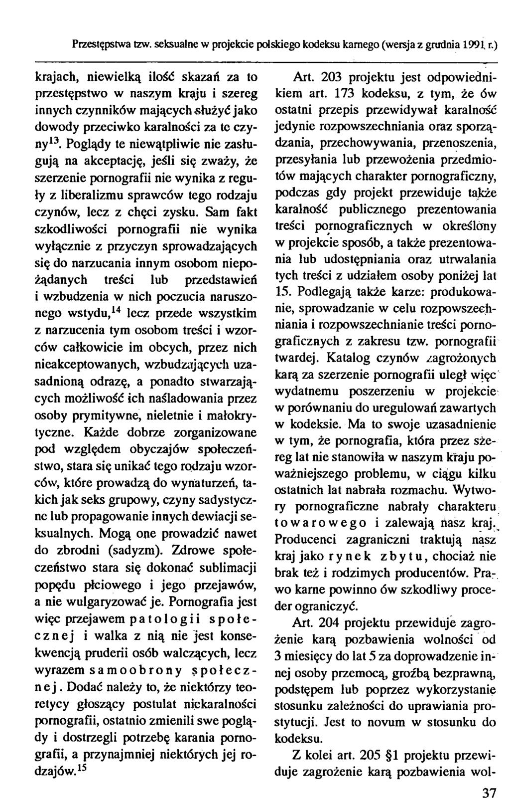 Przestępstwa tzw. seksualne w projekcie polskiego kodeksu karnego (wersja z grudnia 1991, r.