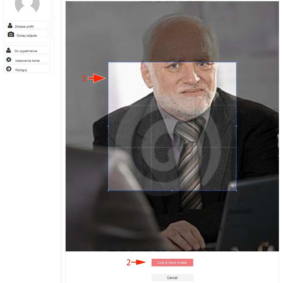 Panel Pracownika dodawanie zdjęcia Po załadowaniu zdjęcia, pojawi się ono na Państwa ekranie. W tym wypadku należy je wykadrować (strzałka nr 1).