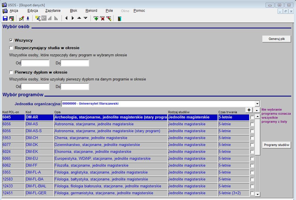 studiów i/lub daty uzyskania dyplomu. 2.1. Wybór programu studiów Domyślnie program wyświetli listę wszystkich programów studiów oferowanych przez uczelnię.