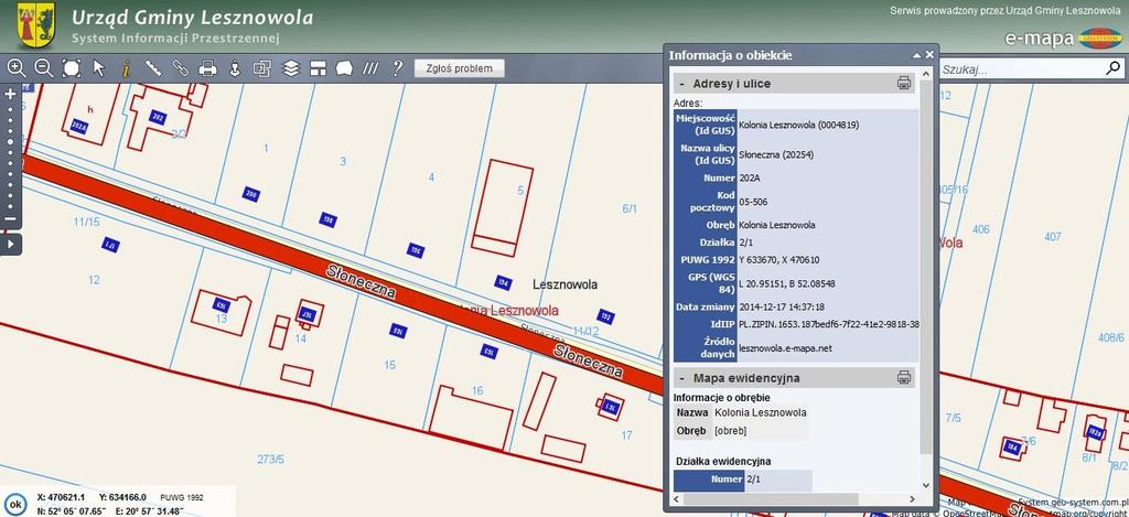 e-mapa Po wyszukaniu interesującego nas terenu pokazuje się nowe okno Informacja o obiekcie, z którego możemy dowiedzieć się