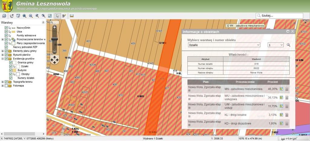 Intergis Po wyszukaniu interesującego nas terenu pokazuje się nowe okno Informacja o obiekcie, z którego możemy dowiedzieć się o: numerze ewidencyjnym