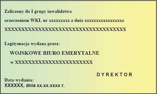 3) Napisy w kolorze czarnym wykonane różną czcionką: a) po prawej stronie wizerunku orła: "RZECZPOSPOLITA POLSKA", poniżej "MINISTERSTWO OBRONY NARODOWEJ", b) pośrodku "LEGITYMACJA EMERYTA-RENCISTY