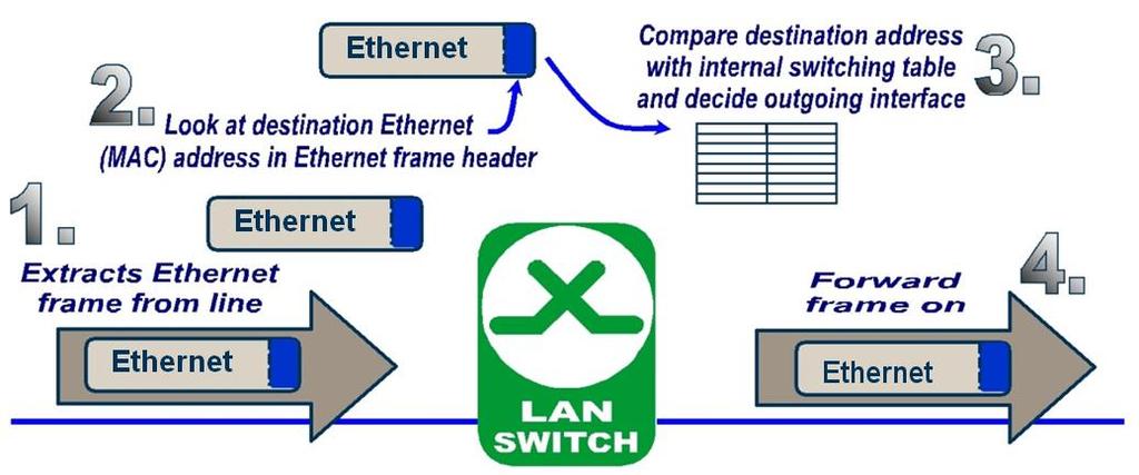LAN 3 przesyłanie (forwarding) inaczej kopiowanie wyuczony przełącznik przełącza ramkę według adresu MAC celu tylko na ten port, do którego adres ten jest przypisany filtrowanie (filtering), inaczej