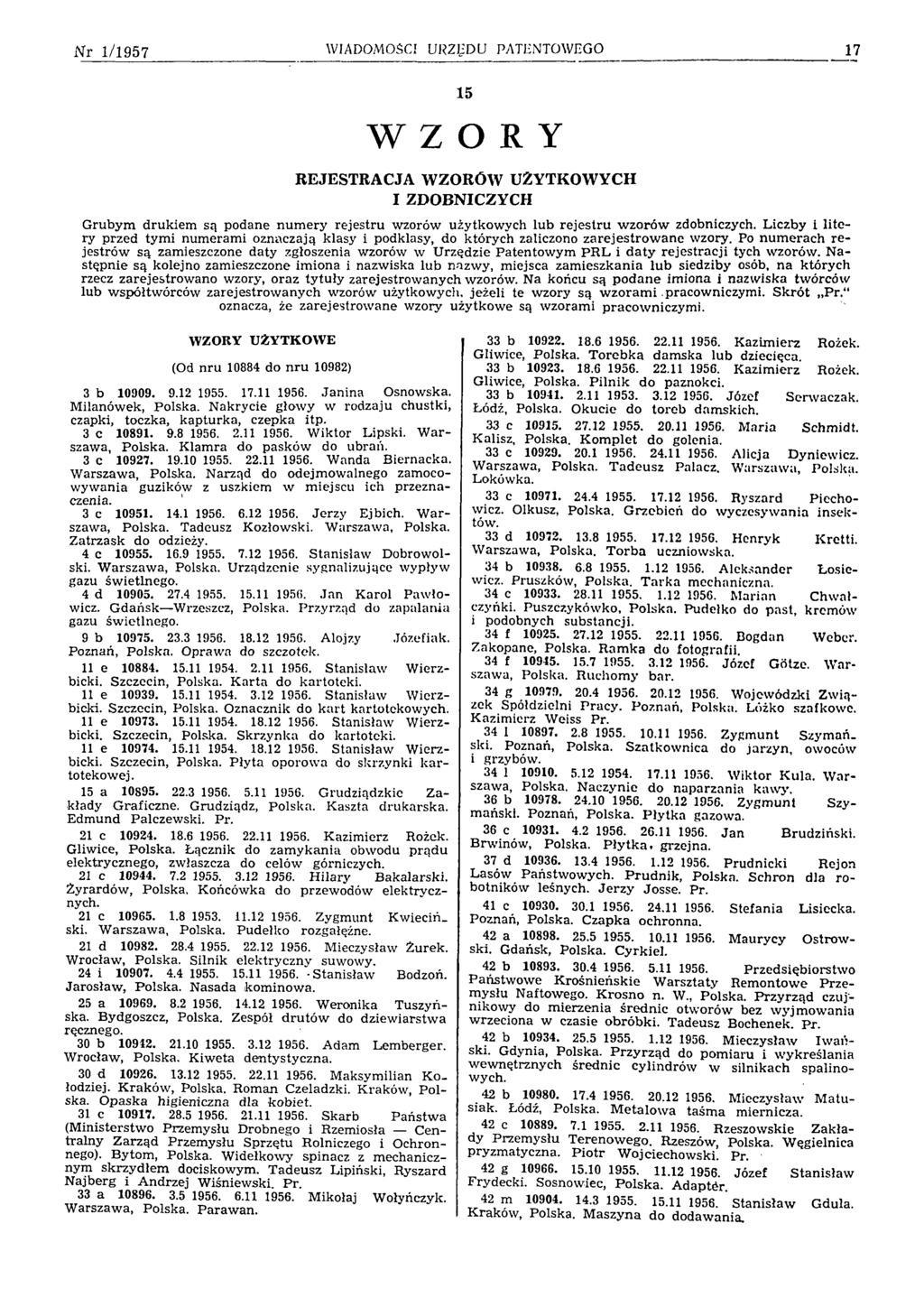 N r 1/1957 WIADOMOŚCI URZĘDU PATENTOWEGO 17 15 WZORY REJESTRACJA WZORÓW UŻYTKOWYCH I ZDOBNICZYCH G rubym dru kiem są podane n u m e ry rejestru w zorów użytkow ych lu b re je stru w zorów zdobniczych.