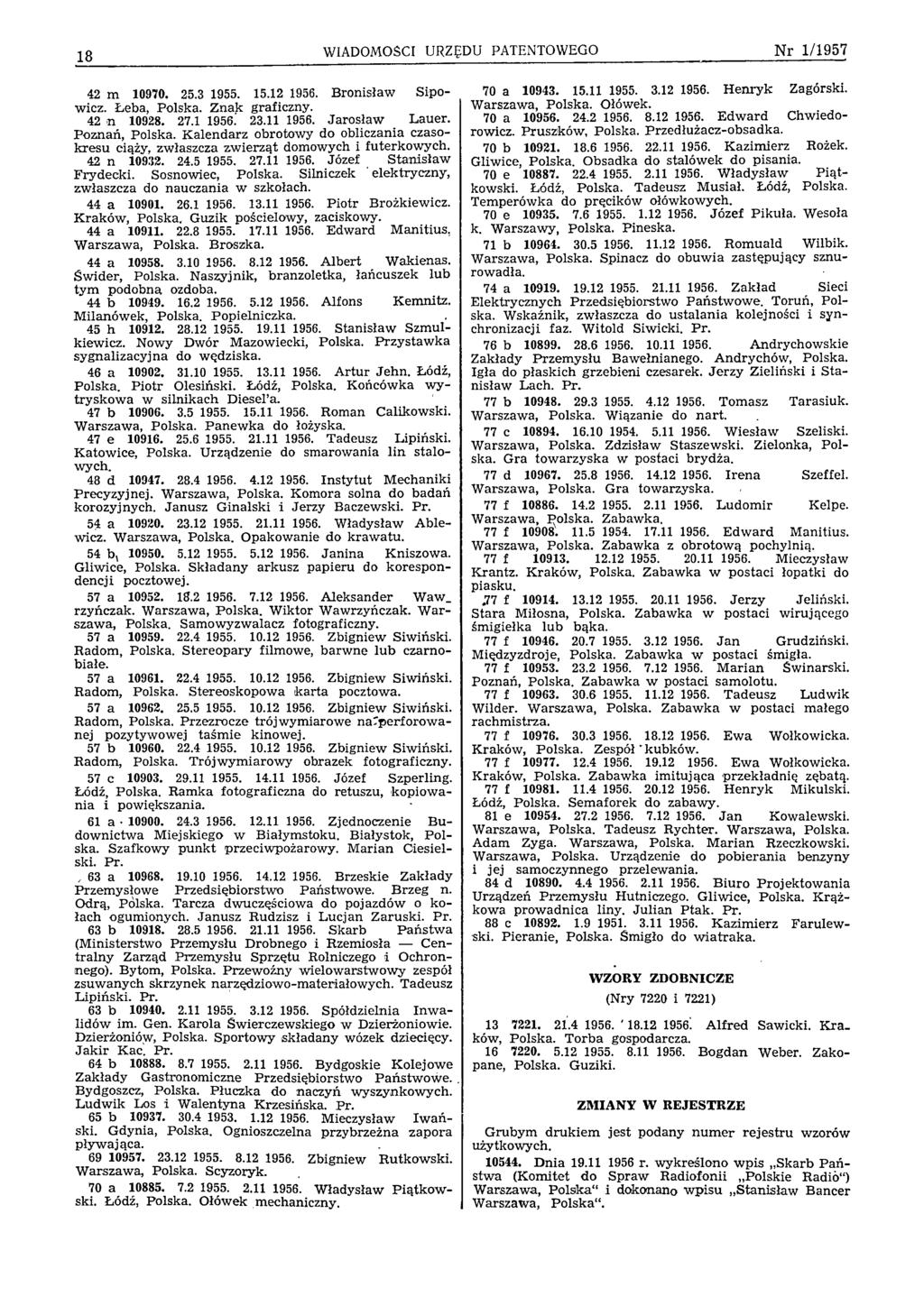 18 WIADOMOŚCI URZĘDU PATENTOWEGO N r 1/1957 42 m 10970. 25.3 1955. 15.12 1956. B ronisław Sipowicz. Łeba, Polska. Z nak graficzny. 42 n 10928. 27.1 1956. 23.11 1956. Jaro sław L auer. P oznań, Polska.