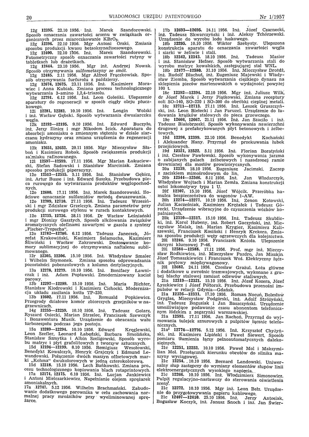 20 WIADOMOŚCI URZĘDU PATENTOWEGO N r 1/1957 12g 12395. 22.101956. Inż. M arek Szandorow ski. Sposób oznaczania zaw artości arsenu w zw iązkach organicznych przez m iareczkow anie KBrO3. 12g 12396. 22.101956. M gr A ntoni Orski.