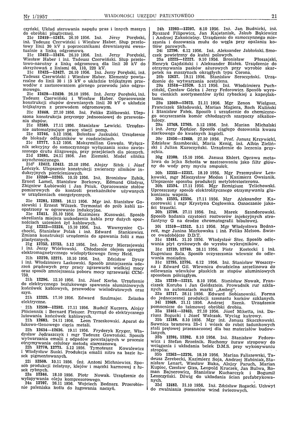 N r 1/1957 WIADOMOŚCI URZĘDU PATENTOWEGO 21 czyński. U kład sterow ania napędu p ra s i innych m aszyn do obróbki plastycznej. 21c 12419 12421. 26.10 1956. Inż. Jerzy Porębski, inż.