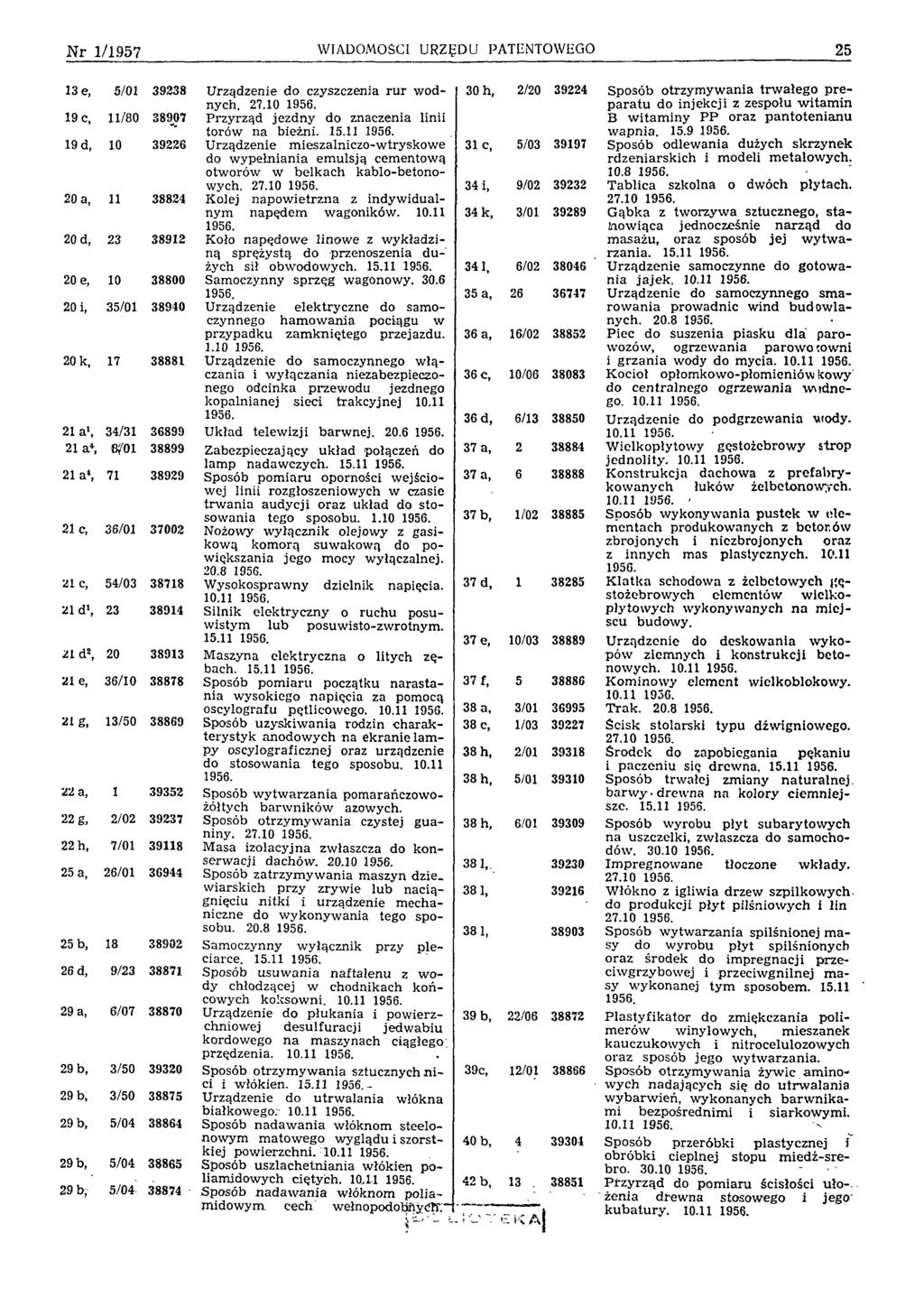 N r 1/1957 WIADOMOŚCI URZĘDU PATENTOWEGO 25 13 e, 5/01 39238 U rządzenie do czyszczenia r u r w odnych. 27.10 1956. 19c, 11/80 38907 P rzyrząd jezdny do znaczenia linii torów na bieżni. 15.11 1956.