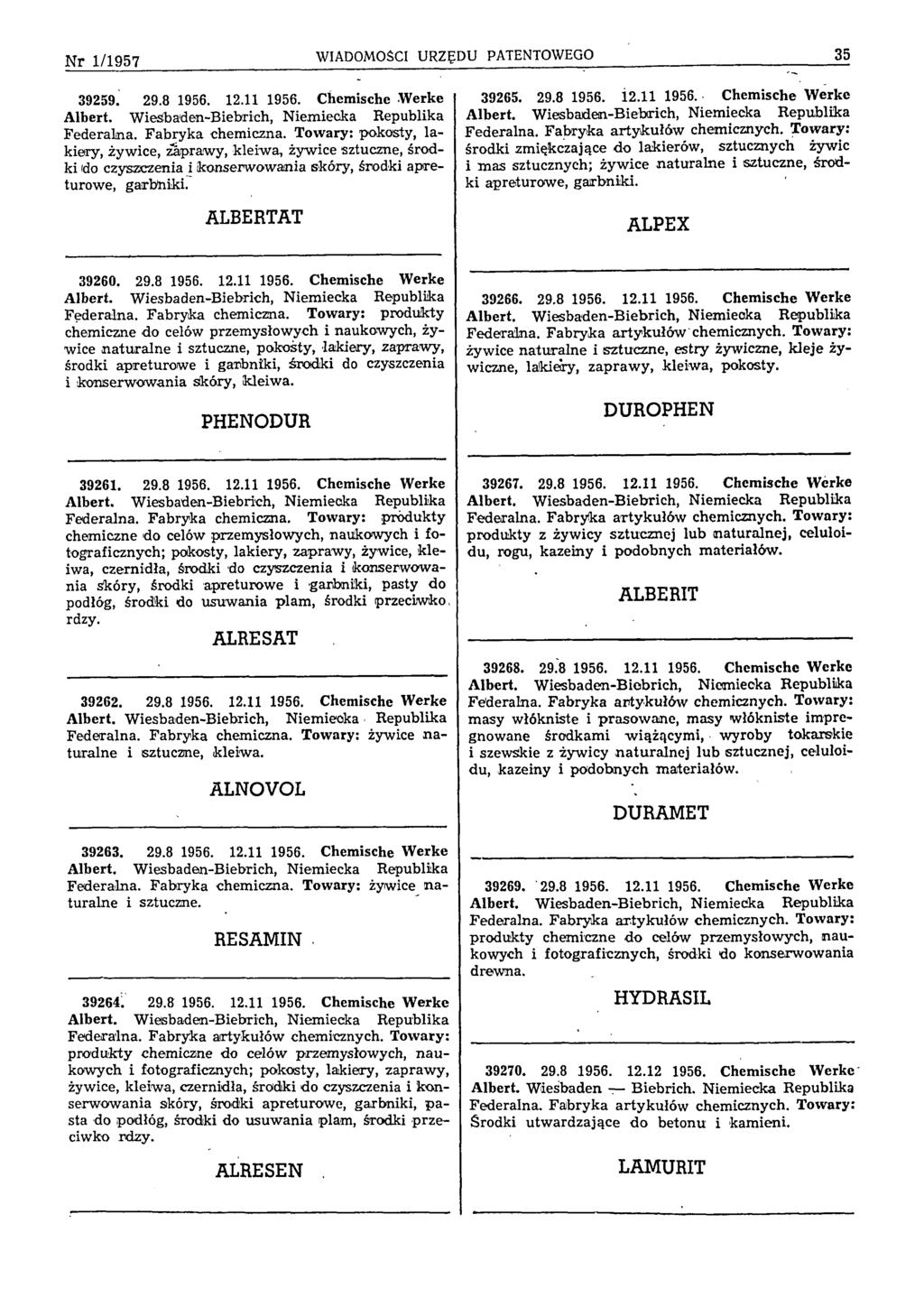 N r 1/1957 WIADOMOŚCI URZĘDU PATENTOWEGO 35 39259. 29.8 1956. 12.11 1956. Chemische Werke Albert. W iesbaden-biebrich, N iem iecka Republika Federalna. Fabryka chem iczna.