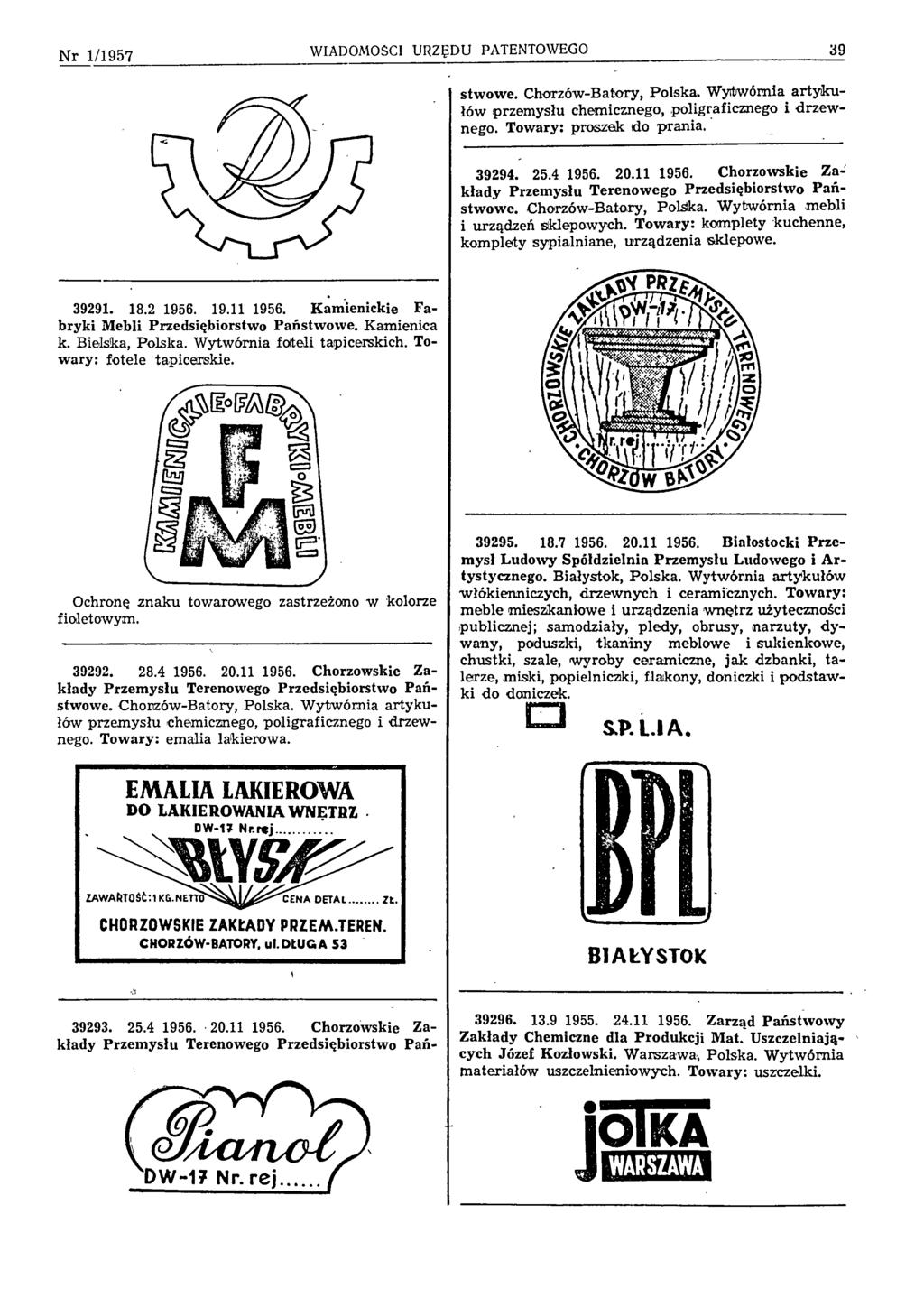 N r 1/1957 WIADOMOŚCI URZĘDU PATENTOWEGO 39 39293. 25.4 1956. 20.11 1956. Chorzowskie Zakłady Przemysłu Terenowego Przedsiębiorstwo Pań 39296. 13.9 1955. 24.11 1956. Zarząd Państwowy Zakłady Chemiczne dla Produkcji Mat.