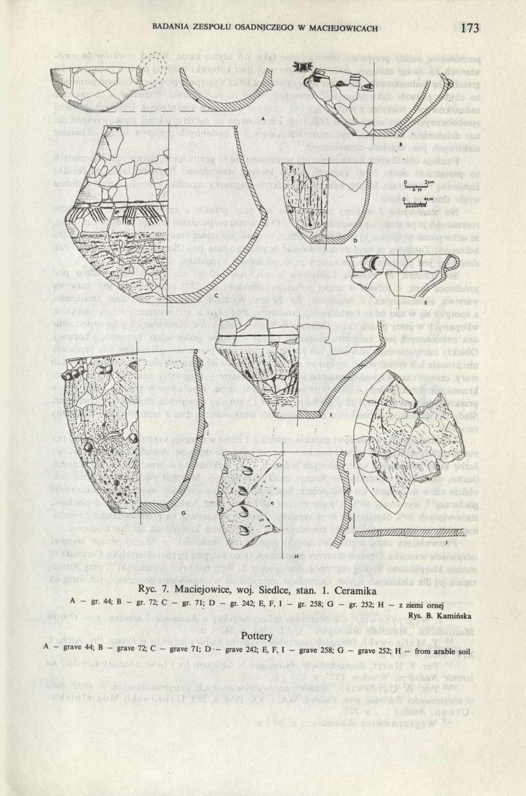 BADANIA ZESPOŁU OSADNICZEGO W MACIEJOWICACH 173 Ryc. 7. Maciejowice, woj. Siedlce, stan. 1. Ceramika A - gr. 44; Β - gr. 72; C - gr. 71; D - gr. 242; E, F, I - gr.
