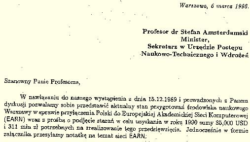 6.III.1990: wniosek do UPNTiW o finansowanie sieci EARN/Bitnet w Polsce [.