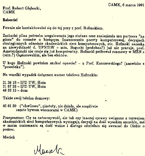 Pierwsze kłopoty (finansowe) Pismo z dnia 6.III.1991 do prof.