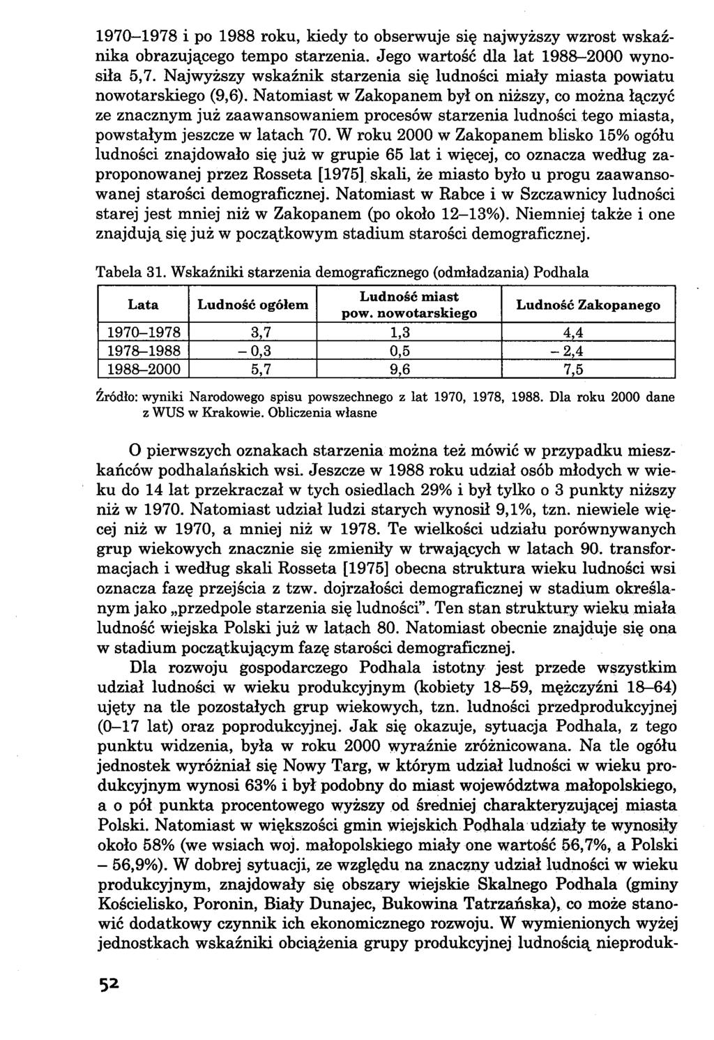 1970-1978 i po 1988 roku, kiedy to obserwuje się najwyższy wzrost wskaźnika obrazującego tempo starzenia. Jego wartość dla lat 1988-2000 wynosiła 5,7.