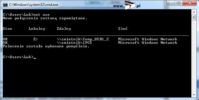 19 (Pobrane z slow7.pl) Rysunek 11 Użycie komendy - net use Pozostałe przydatne zastosowania NET USE: NET USE z: \\smietnik\temp_usb1_c -mapujemy dysk z: udział Temp_USB1_C na komputerze smietnik.