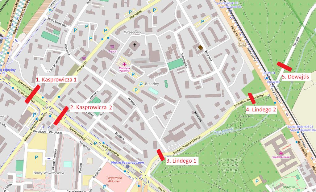 Rysunek 0.3 Lokalizacja punktów pomiarowych 1-5 (w północnej części) Źródło: opracowanie własne na podstawie: autorzy OpenStreetMap Na wykresach 4.1-4.14.