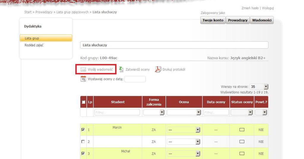 zajęciowej Po zaznaczeniu osób na Liście