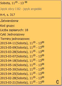 Rys. 27 Najechanie kursorem na dane zajęcia wyświetli szczegółowe informacje dotyczące kursu (Rys. 28) Rys. 28 Na siatce zajęć prezentowane są tylko i wyłącznie zajęcia, które posiadają termin.
