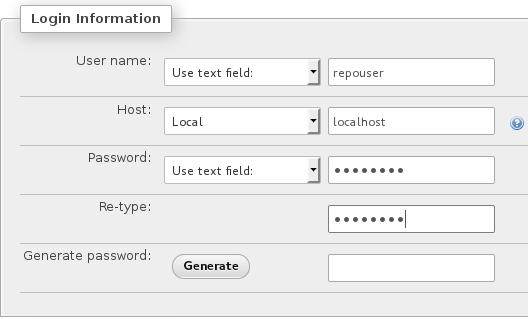 e) Dla nowej bazy danych dodamy użytkownika o nazwie repouser. Wróć do ogólnego widoku serwera wybierając opcję Server:localhost w górnej części strony. f) Wybierz odnośnik Users z górnego paska menu.