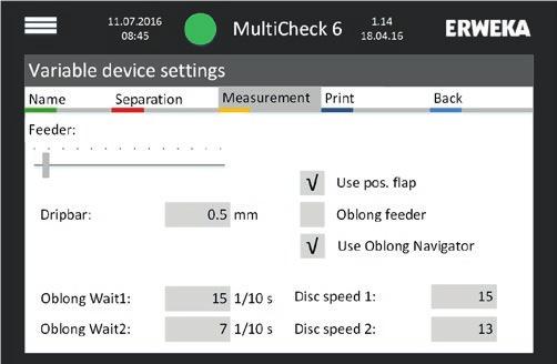 MultiCheck 6 Zmienne ustawienia instrumentu Vibrator 1, 2, 3 Włączanie/wyłączanie (on/off), moc (- +) wibratora podczas testu (wyższy suwak) oraz reset/opróżnianie (niższy suwak). Timeout vib.