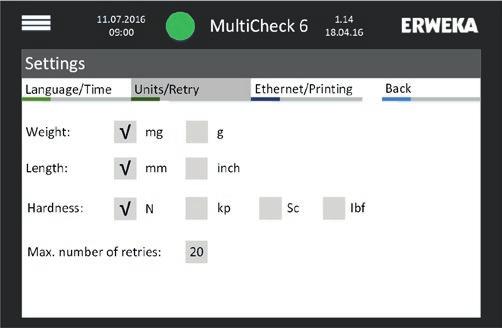 38 MultiCheck 6 Ustawienia ogólne 4. Wybrać język (language), czas, datę i format daty oraz użycie klawiatury zewnętrznej. Ustawiony czas pojawi się na wyświetlaczu oraz na wydruku protokołu.