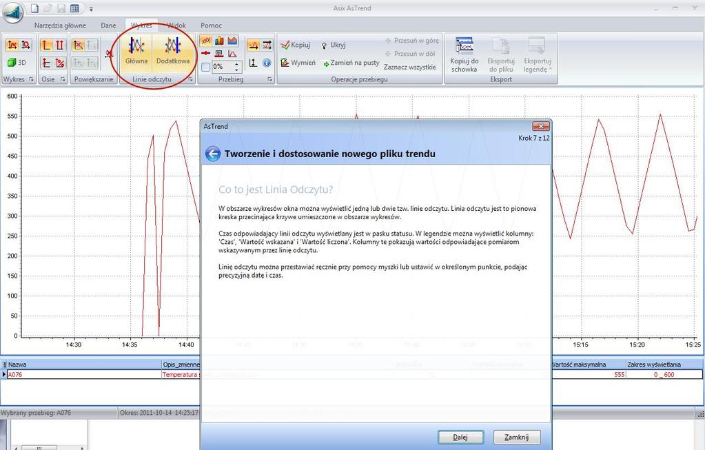 2. Kreator trendów Rysunek: Kreator trendów - załączenie i ustawienie linii odczytu. 2.