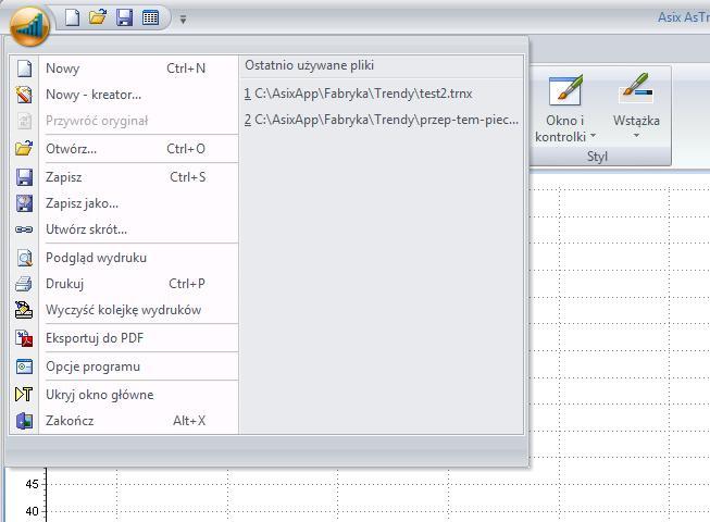 AsTrend - Eksportuj do PDF - eksportuje trend do pliku PDF; - Opcje programu - otwarcie okna opcji programu; - Ukryj okno główne - 'zwinięcie' programu do systemowego traya; - Zakończ -