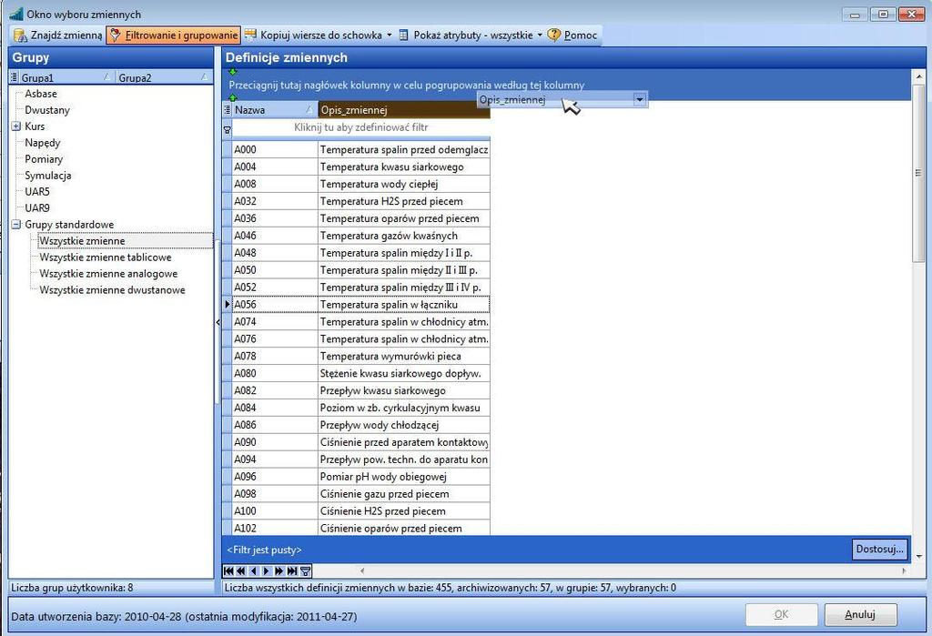 4. Obsługa programu 4.3.2.2 Filtracja zmiennych Przy pomocy przycisku Filtrowanie i grupowanie można włączyć opcję filtrowania i grupowania - dzięki temu możliwe będzie wykonanie poniższych czynności.