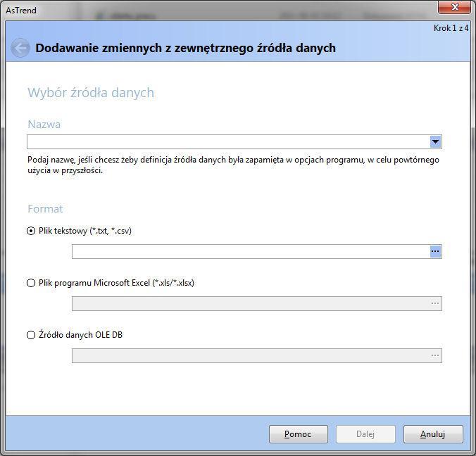 4. Obsługa programu Rysunek: Okno 'Dodawanie zmiennych z zewnętrznego źródła danych. - Nazwa, - Format - format zewnętrznego źródła danych: - Plik tekstowy, - plik programu Microsoft Excel, - OLE DB.