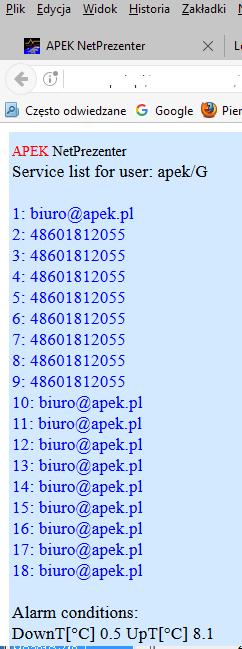 Strona 8 z 11 przekroczeniach granic alarmu dla danego obiektu - po wywołaniu okienka SerwiceNP.