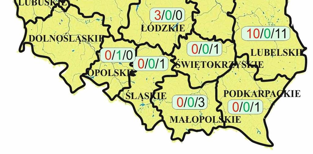 stwierdzono toksyny / liczba jezior, w których nie