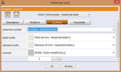 dobrać kolorystykę dla wnętrza i zewnętrza szafy oraz dla szuflad elementy zewnętrzne to: ścianki,