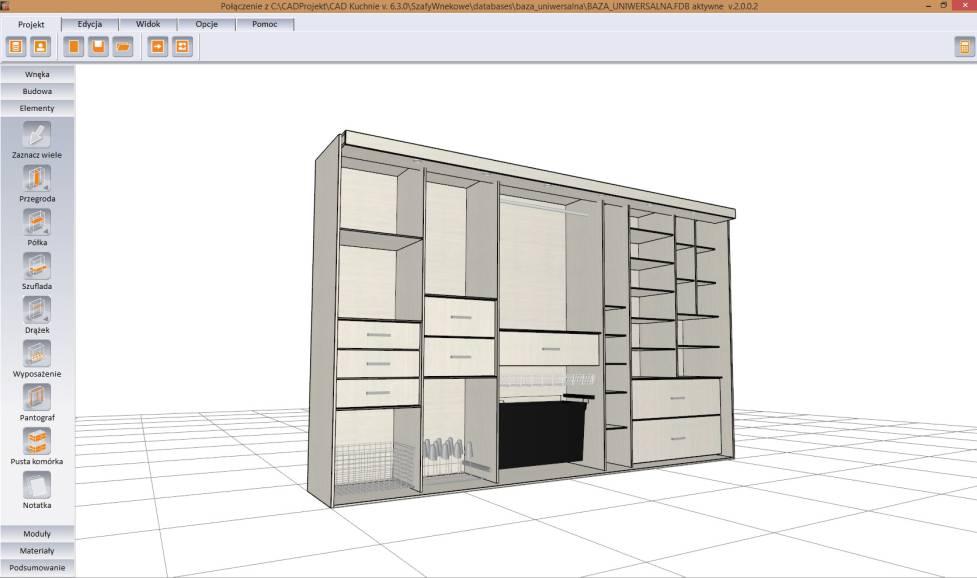 Wstaw elementy wyposażenia szafy Wstawianie przegród, półek, szuflad, drążków, pantografów, pustych komórek i akcesoriów ma miejsce w zakładce Elementy w panelu bocznym.