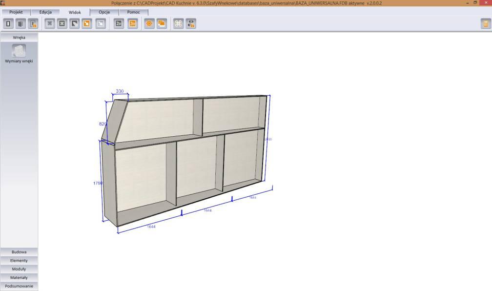 Ustal wymiary wnęki Moduł automatycznie dopasowuje kształt szafy do wczytanych parametrów ścian w programach CAD Decor PRO, CAD Decor i CAD Kuchnie z domyślną głębokością 670