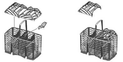 - 30 - Koszyk na sztućce Jest wyposaŝony w ruchome i demontowane pokrywki słuŝące do podtrzymywania sztućców po włoŝeniu ich do koszyka. Ułatwia to prawidłowy przepływ wody.