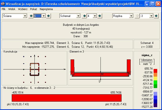 SCHEMAT-4 OBCIĄśENIA ZMIENNE ( obciąŝona pn-zach. część budynku ) Maksymalne napręŝenia rozciągające otrzymano w elemencie 3, ścianie nr 6 w punkcie 11.