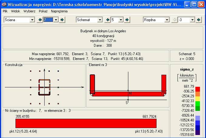 SCHEMAT-5 OBCIĄśENIA ZMIENNE (obciąŝona pn.-wsch. część budynku ) Maksymalne napręŝenia rozciągające otrzymano w elemencie 3, ścianie nr 7 w punkcie 13.