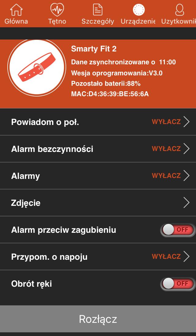 13.3 Zakładka Urządzenie W tej zakładce można włączyć powiadomienia o połączeniach przychodzących, czasowym powiadamianiu o zbyt długim siedzeniu bez ruchu, włączyć i ustawić alarmy, jest możliwość