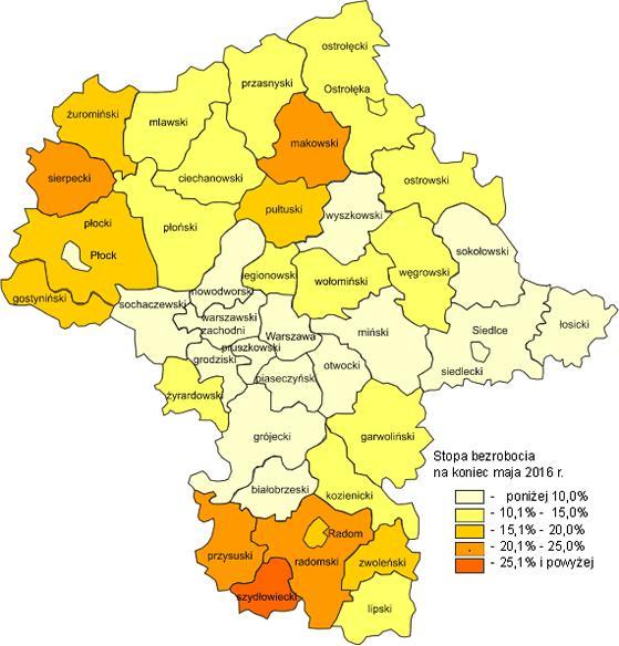 Rysunek 1 Stopa bezrobocia na koniec maja Źródło: opracowanie GUS Bezrobotni oraz stopa bezrobocia według województw, podregionów i powiatów maj Wzrost stopy bezrobocia odnotowano w 2 powiatach: