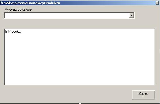 w polu cbodostawcy wyświetlimy w nim te produkty, które mogą być skojarzone z wybranym dostawcą (czyli te, których identyfikatory nie są jeszcze skojarzone z identyfikatorem wybranego dostawcy w