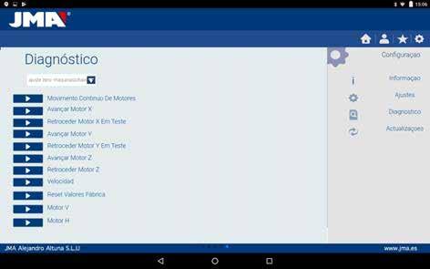 Portuguese 9.8 Diagnóstico No ecrã de definições também podemos encontrar a parte diagnóstico da máquina, onde é possível testar o bom funcionamento dos motores.