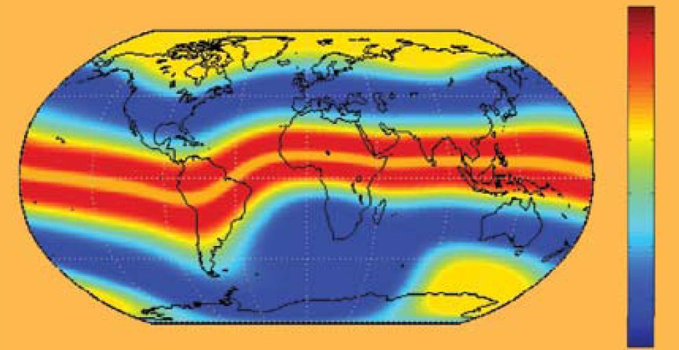 Występowanie scyntylacji dla różnych szerokości Scyntylacje sygnałów GNSS są najczęstsze oraz najsilniejsze dla dwóch obszarów leżących po obu stronach równika magnetycznego.