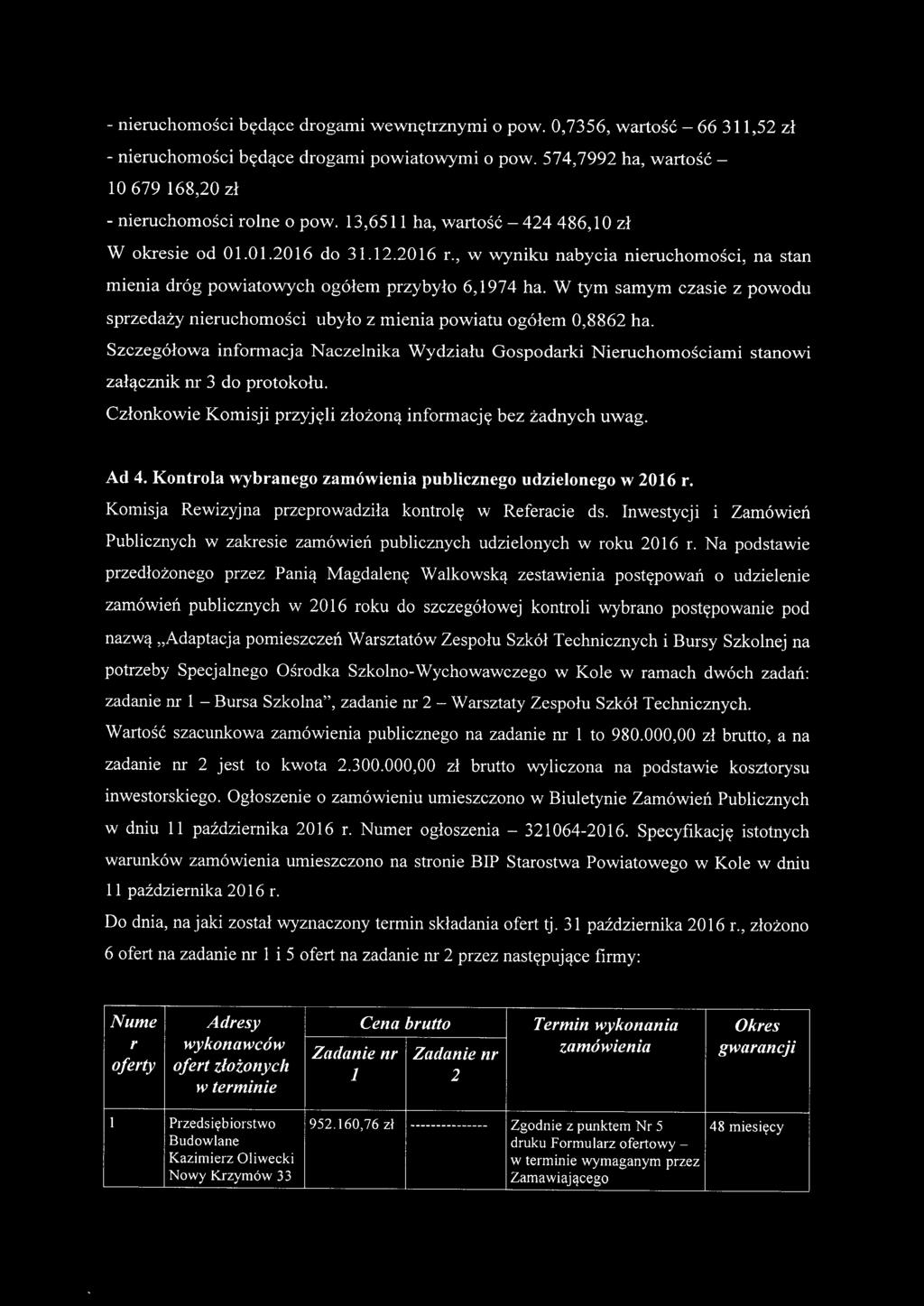 W tym samym czasie z powodu sprzedaży nieruchomości ubyło z mienia powiatu ogółem 0,8862 ha. Szczegółowa informacja Naczelnika Wydziału Gospodarki Nieruchomościami stanowi załącznik nr 3 do protokołu.